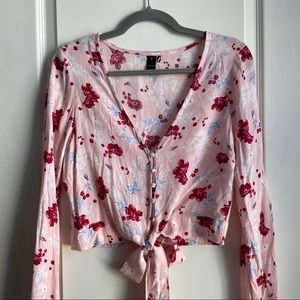pastel pink floral crop button-up with tie